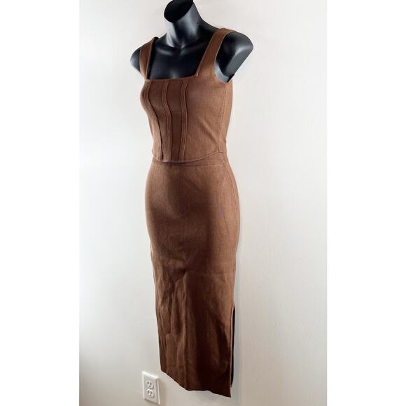 Miou Muse Knit Set Cropped Corset Top High Rise Midi Skirt Brown Small - Picture 6 of 8